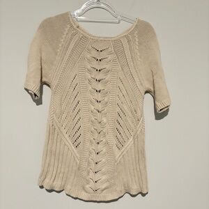 AJ Andrea Jovine Cotton Crochet Short Sleeve Sweater Tan Beige Size medium‎